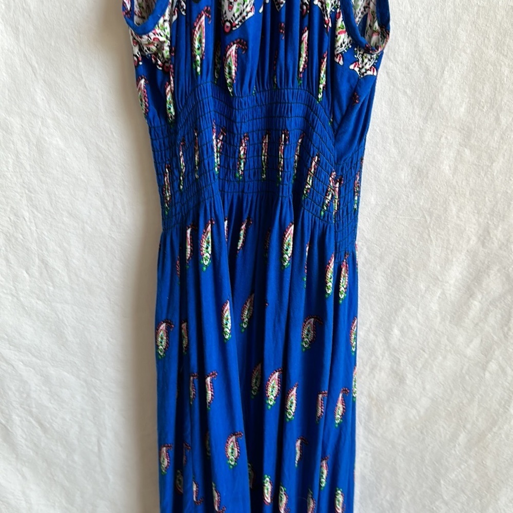Royal blue print maxi halter dress with faux leather tie, size XS/S - Picture 7 of 9